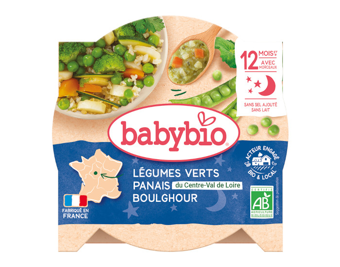 BABYBIO Assiette Bonne Nuit - 230g Lgumes Verts Panais Boulghour - 12 mois