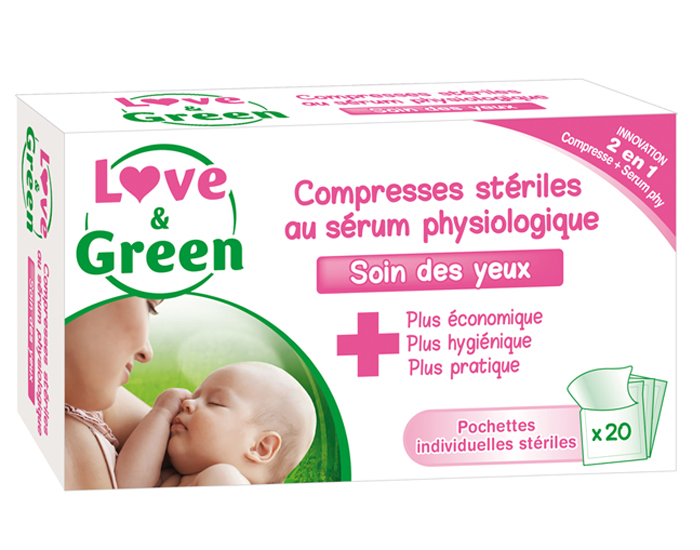 LOVE & GREEN Compresses St�riles au S�rum Physiologique - Boite de 20