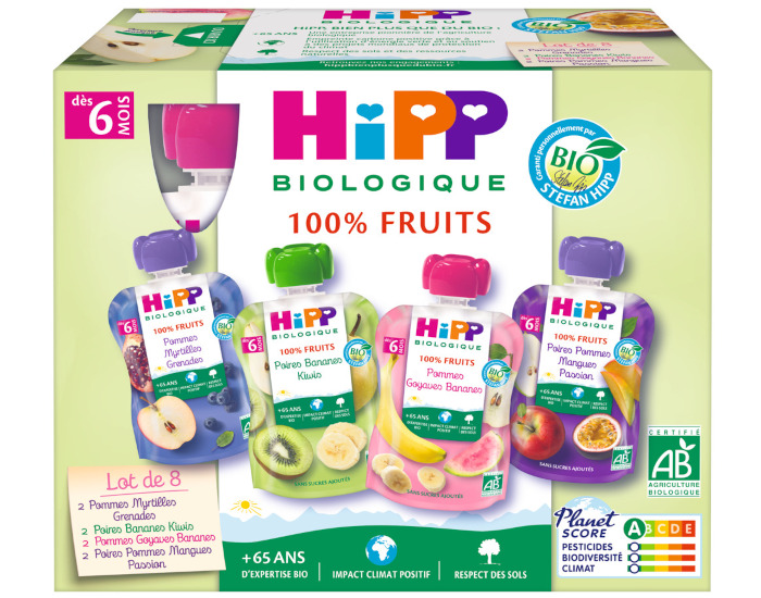 HIPP Gourdes 100% Fruits Multipack 4 Variétés - 8 x 90g - Dès 6 mois 