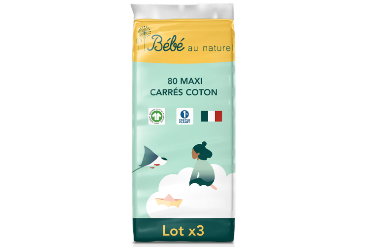 BEBE AU NATUREL Maxi Carrés Coton Bébé - 100% Coton Bio - 80 Unités Lot x3 / 240 Cotons