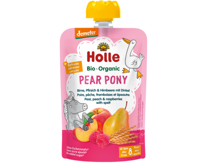 HOLLE Gourde Pear Pony Poire Pêche Framboise et Epeautre - 100 g - Dès 8 mois
