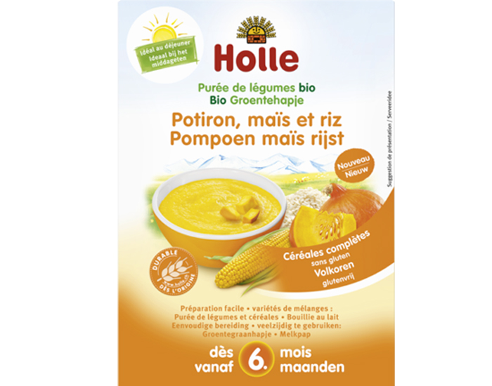 HOLLE Pure de Lgumes Potiron Mas Riz - 175 g - Ds 6 mois