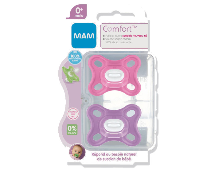 Mam Baby - MAM Sucette Comfort en Silicone - 0+ m - Lot de 2 Violet-Rose