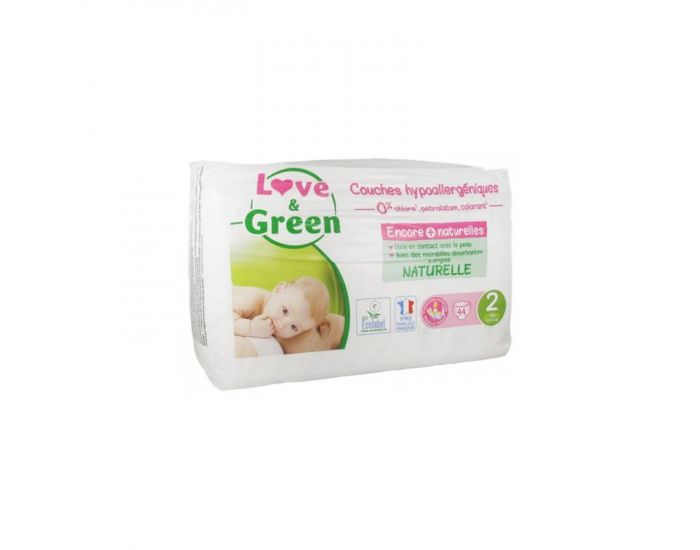 LOVE & GREEN Couches Hypoallergéniques - Taille 2 (3 à 6Kg) - Paquet de 44 couches