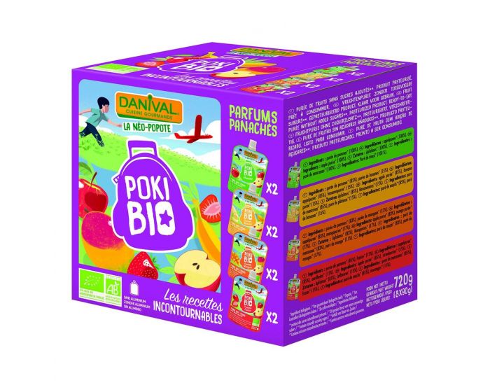 DANIVAL Poki Bio - Pack de 8 Gourdes 4 Parfums Panach�s - 8 x 90 g 