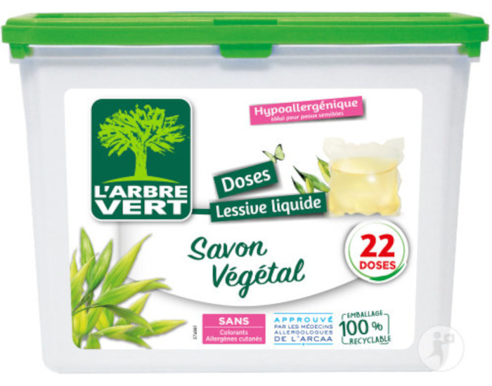 L'ARBRE VERT Lessive Doses Liquides Savon Végétal - 22 Lavages