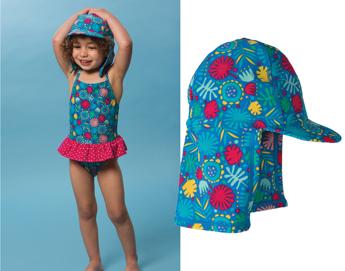 FRUGI Chapeau de Bain Anti-UV Protge Nuque - Bleu  Fleurs