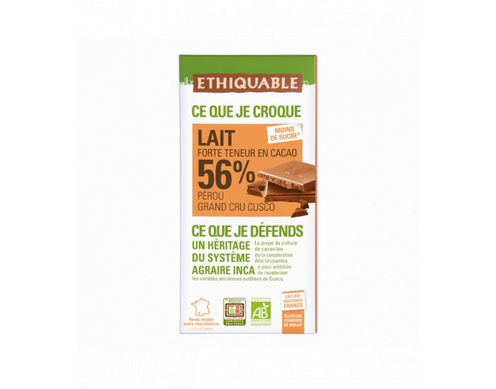 ETHIQUABLE Chocolat Lait 56% - Grand Cru Cusco Prou - Bio & quitable - 100 g