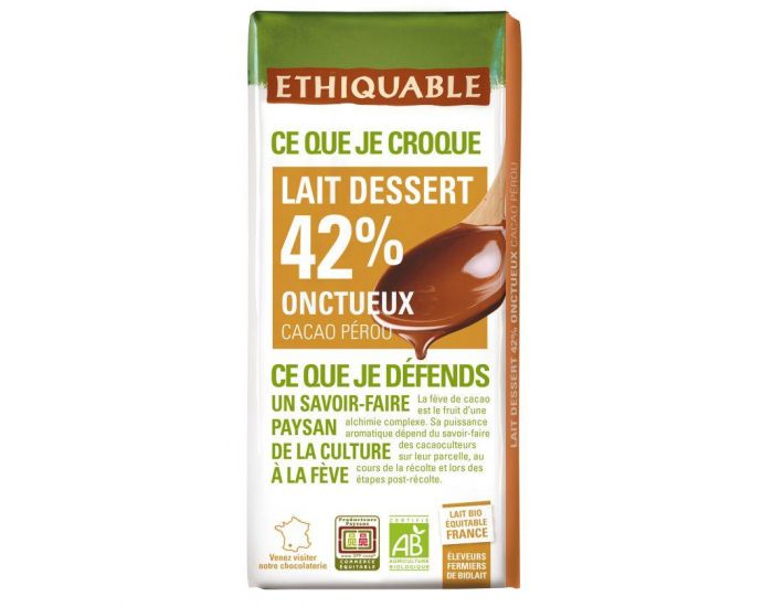 ETHIQUABLE Chocolat Lait Dessert 42% - Cacao bio & quitable - 200 g