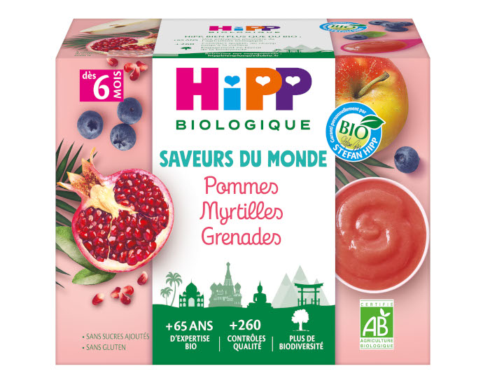 HIPP Coupelles Fruits Saveur du Monde - 4 x 100 g - Ds 6 mois Pommes Myrtilles Grenades