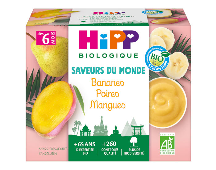 HIPP Coupelles Fruits Saveur du Monde - 4 x 100 g - Ds 6 mois Bananes Poires Mangues