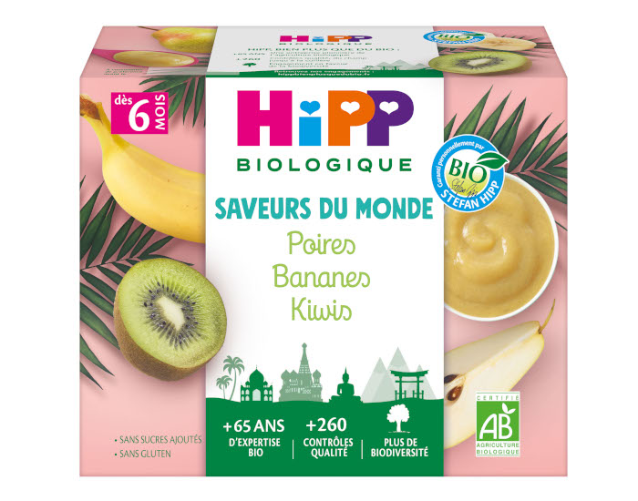 HIPP Coupelles Fruits Saveur du Monde - 4 x 100 g - Ds 6 mois Poires Bananes Kiwis