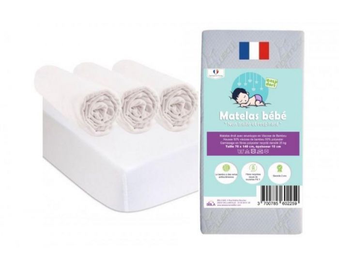 EASY DORT Matelas + 3 Draps Housse + 2 Al�ses - Coton Bio - Blanc - 70x140 cm