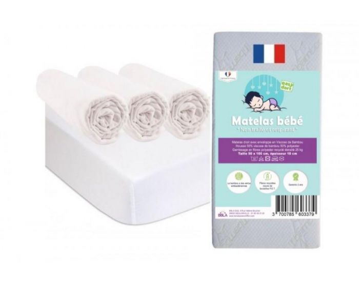 EASY DORT Matelas + 3 Draps Housse Coton BIO + 2 Al�ses - 40x90 cm