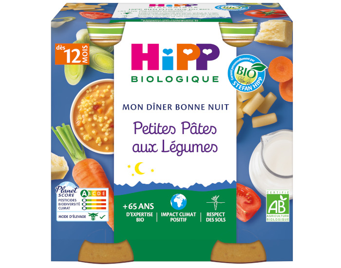 HIPP Mon Diner Bonne Nuit - 2 x 250 g Petites pâtes aux légumes - 12M