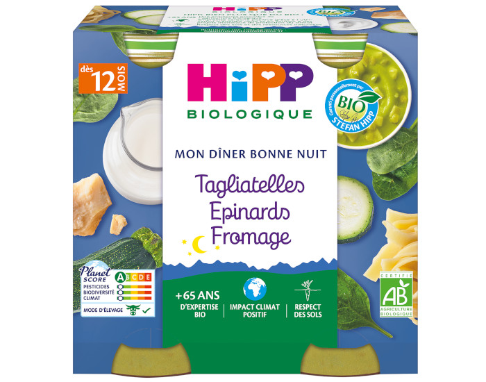 HIPP Mon Diner Bonne Nuit - 2 x 250 g Tagliatelles - Epinards - Fromage - 12M