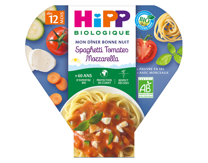 HIPP Assiette Mon Diner Bonne Nuit - 200, 230g ou 260g Spaghetti Tomates Mozzarella - 12M