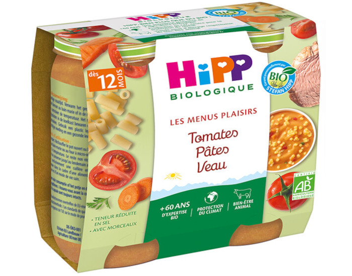 HIPP Les Menus Plaisirs - 2 x 250 g Tomates - Pâtes - Veau - 12M