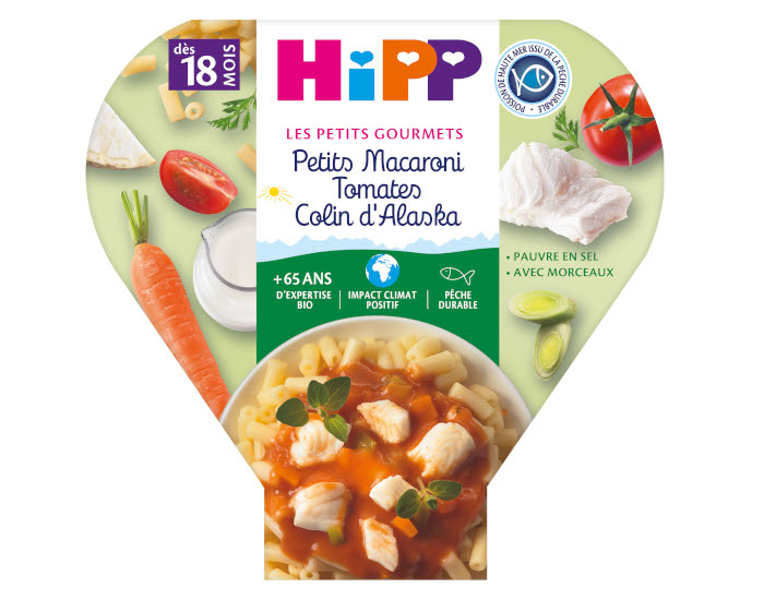 HIPP Assiette - Les Petits Gourmets - 200, 230g ou 260g Petits Macaronis Tomates Colin d'Alaska - 18M