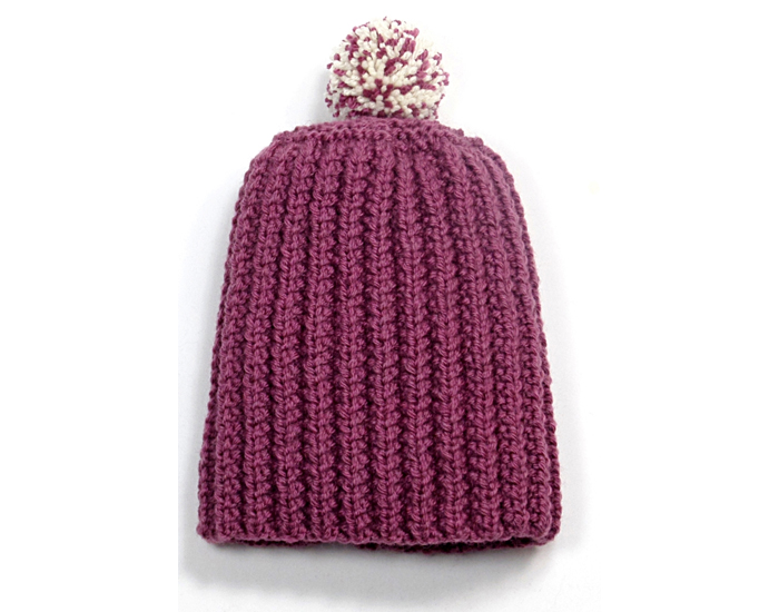 TIDOOBIO Bonnet Pompon Tricot Main - Prune - 12-18 mois