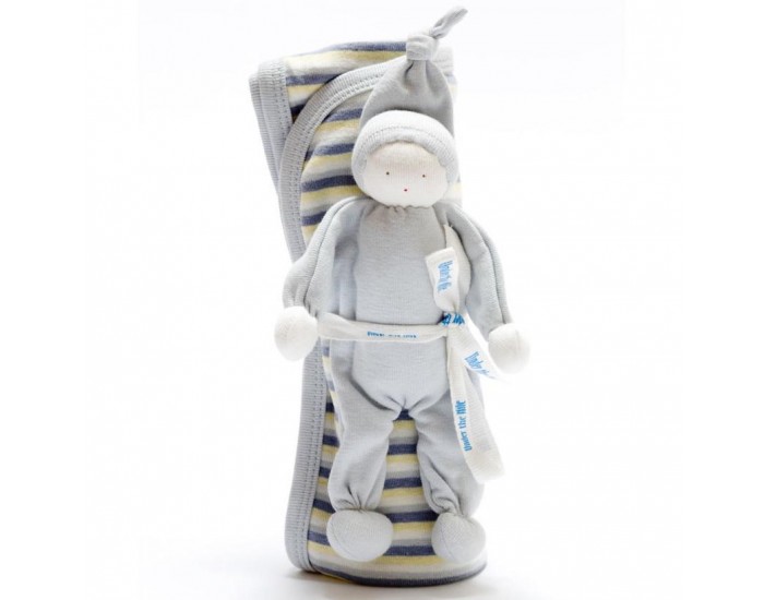 BEST YEARS Doudou Lutin Bleu-Gris et Couverture Assortie en Coton Bio