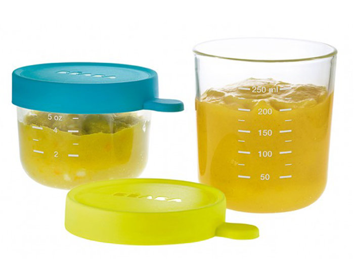 BEABA Lot de 2 Pots de Conservation en Verre Turquoise et Non - 150 ml et 250 ml