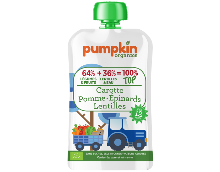 PUMPKIN ORGANICS Gourde Carotte, pinards, Lentilles, Pomme - Ds 12 mois - 100 ml
