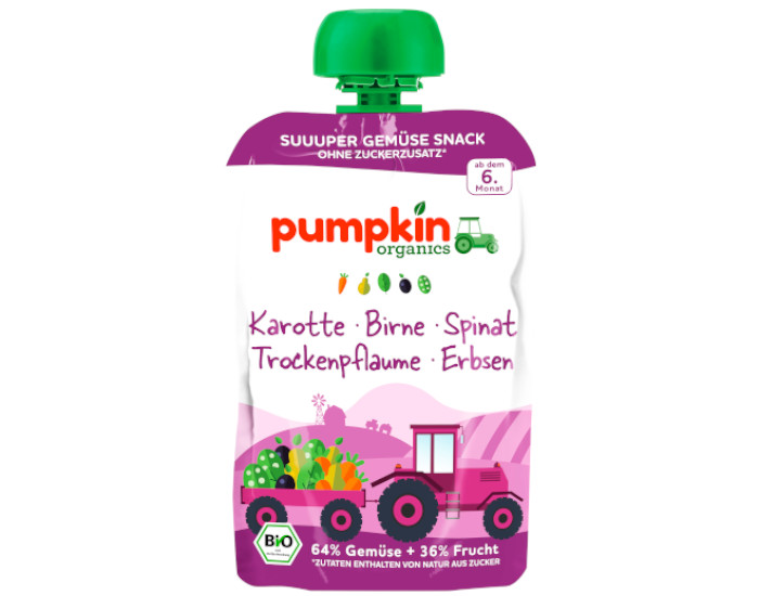 PUMPKIN ORGANICS Gourde Carotte, Poire, pinards, Pruneaux, Petits-Pois - Ds 6 mois - 100 ml