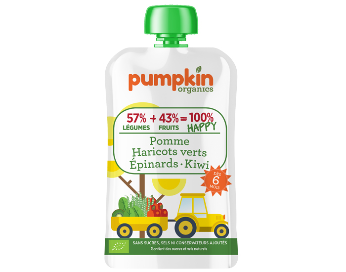 PUMPKIN ORGANICS Gourde Haricot vert, pinards, Pomme, Kiwi - Ds 6 mois - 100 ml