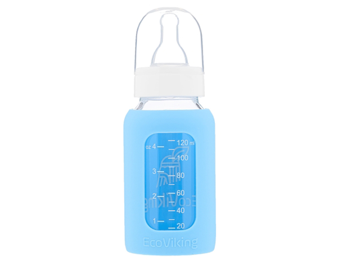 ECOVIKING Biberon en Verre et Housse Silicone Artic Bleu - T�tine Silicone - 120 ml
