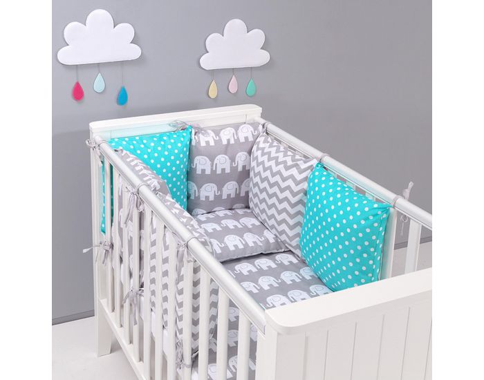 SEVIRA KIDS Tour de lit � coussins modulables avec parure r�versible - El�phants - Gris/Turquoise