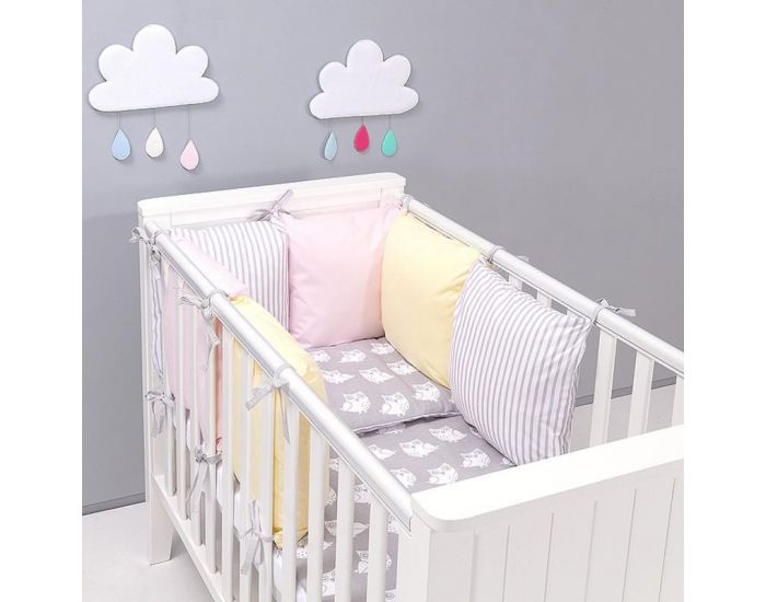 SEVIRA KIDS Tour de lit � coussins modulables avec parure r�versible - Hiboux - Gris/Rose