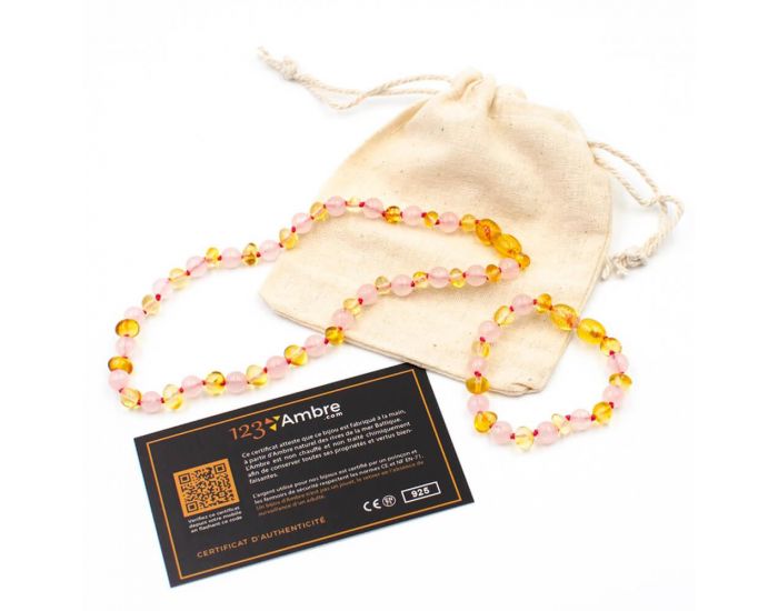 123AMBRE Pack Collier d'Ambre + Bracelet d'Ambre et Quartz Rose