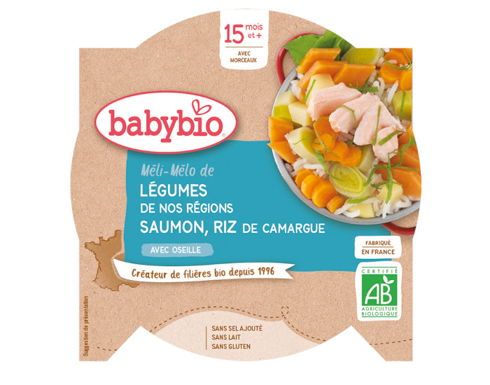 BABYBIO Mon p'tit Plat Assiette - 230 g ou 260 g Mli-Mlo de Lgumes au Saumon - Riz - 15 M