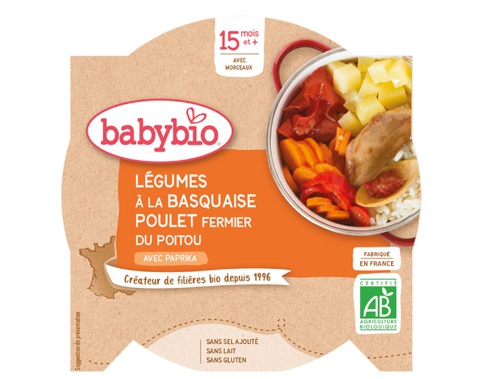 BABYBIO Mon p'tit Plat Assiette - 230 g ou 260 g Lgumes  la Basquaise & Poulet Fermier du Poitou - 15 M