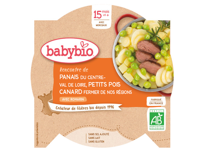 BABYBIO Mon p'tit Plat Assiette - 230 g ou 260 g Panais Petits Pois & Canard - Ds 15 M