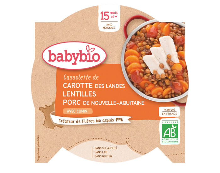 BABYBIO Mon p'tit Plat Assiette - 230 g ou 260 g Carotte Lentilles  Porc - Ds 15 M