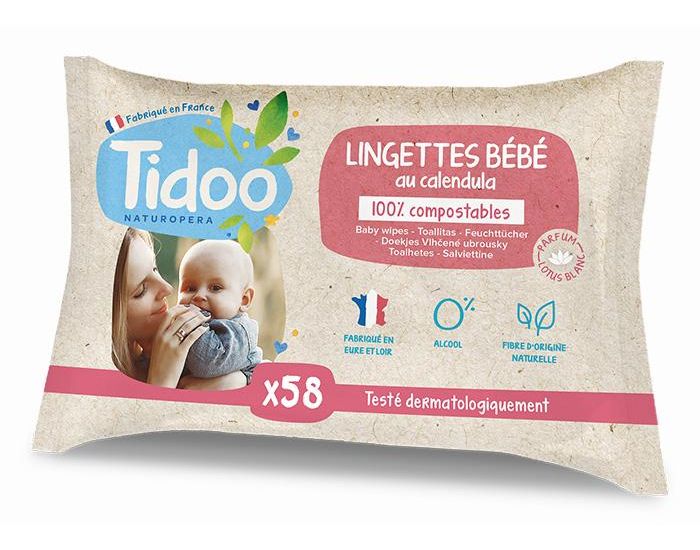 TIDOO Lingettes au Calendula Bio & Fleur de Lotus, compostables - Paquet de 58
