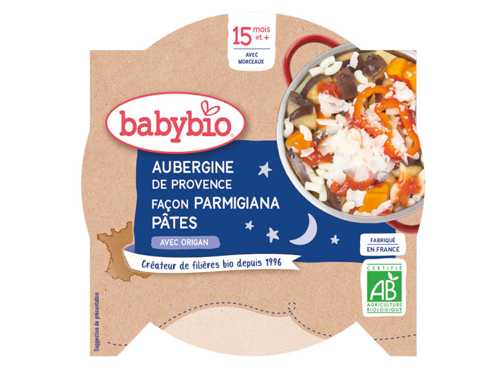 BABYBIO Assiette Bonne Nuit - 260 g Aubergines de Provence faon Parmigiana & Macaroni - 15 M