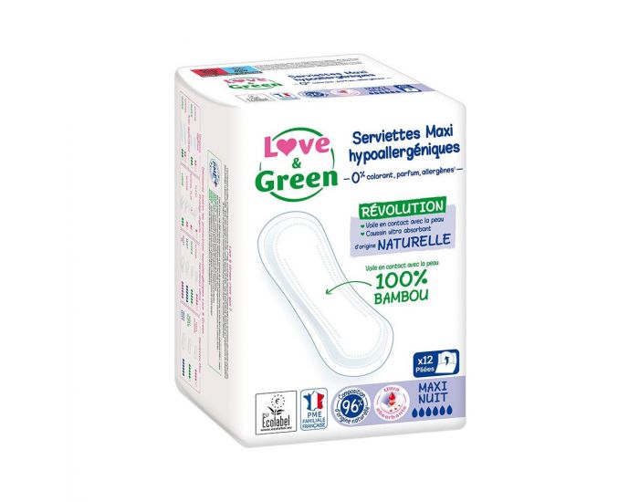 LOVE & GREEN Serviettes Hypoallerg�niques Anti-irritation - Maxi - Nuit - Paquet de 12