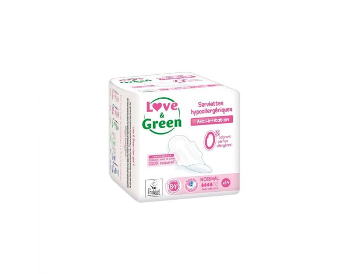 LOVE & GREEN Serviettes Hypoallerg�niques Anti-irritation - Normal - Paquet de 14