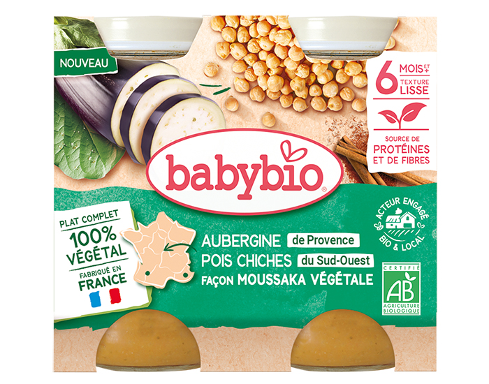 BABYBIO Petits Pots Menu Vgtal - 2 x 200 g - Ds 6  8 mois Moussaka Vgtale - Aubergines Pois chiches Tomates - Ds 6 mois