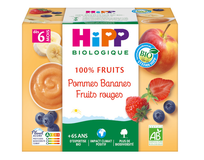 HIPP 100% Fruits - 4 x 100 g Pommes Bananes Fruits rouges - 6M