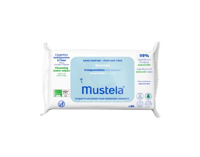 MUSTELA Paquet de 60 Lingettes Nettoyantes Compostables � l'Eau - Sans Parfum