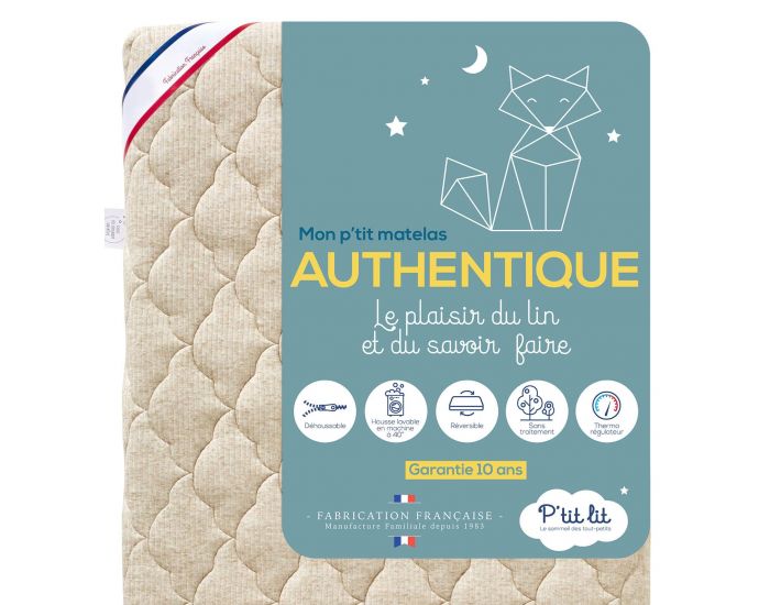 P'TIT LIT Matelas B�b� Authentique - Lin d'Origine V�g�tale - R�versible et D�houssable - 12 cm