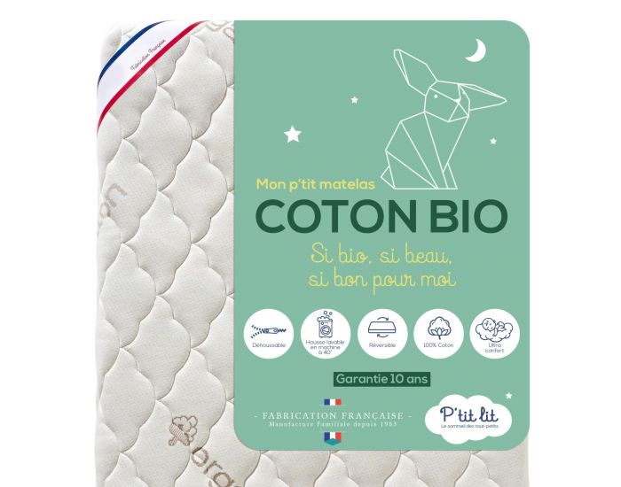 P'TIT LIT Matelas Bb Coton Bio - Rversible et Dhoussable - 10 cm