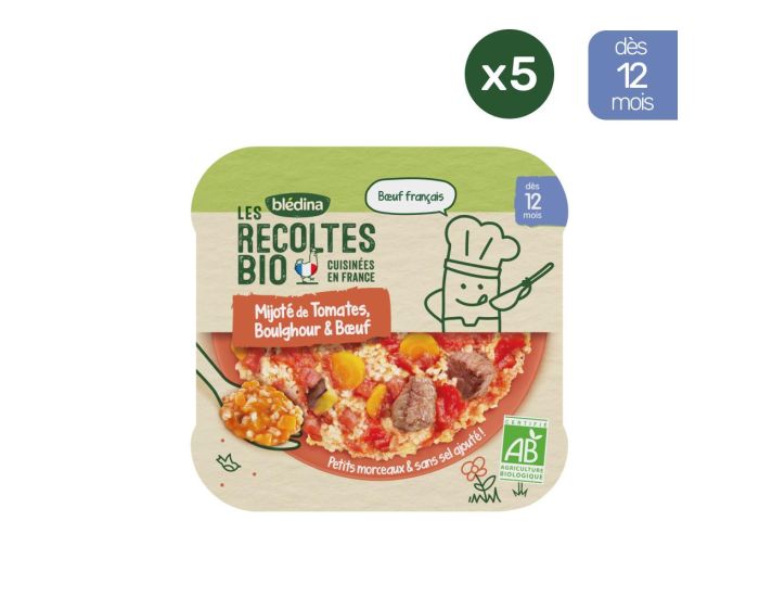 BLEDINA Les R�coltes Bio - 5 Assiettes Tomates, Boulghour & Boeuf (5 x 230 g) - D�s 12 Mois