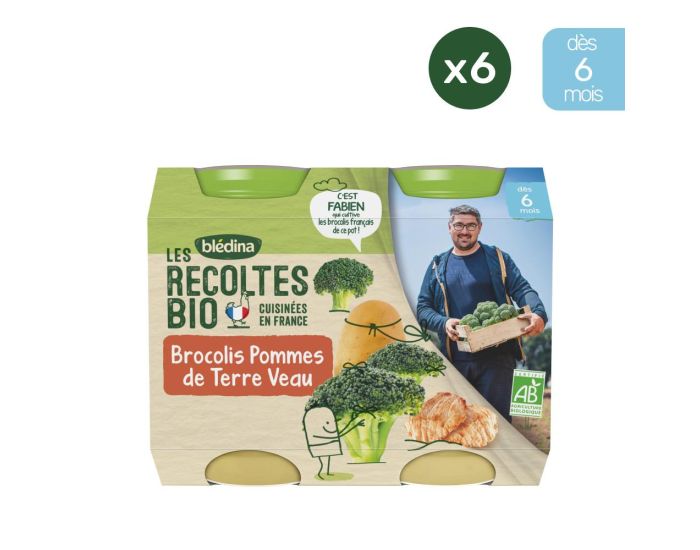 BLEDINA  Les R�coltes Bio - 12 Petits Pots Brocolis, Pommes de Terre, Veau - 6x(2x200g) - D�s 6 Mois