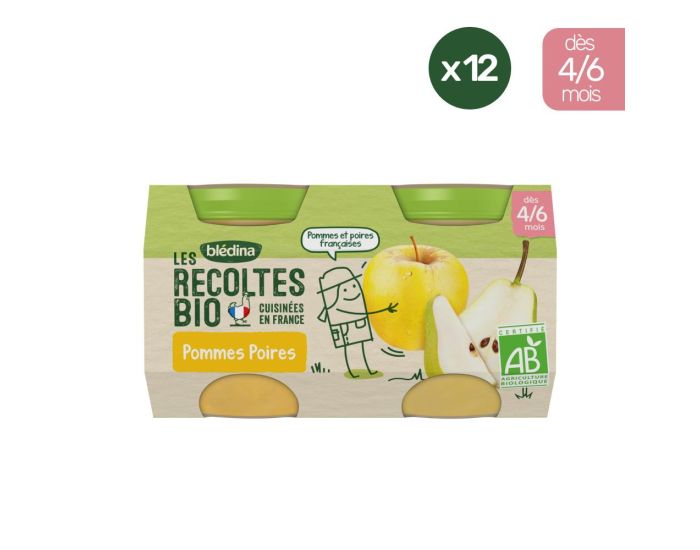 BLEDINA Les R�coltes Bio - 24 Petits Pots - Pommes, Poires 12x(2x130g) - D�s 4/6 Mois