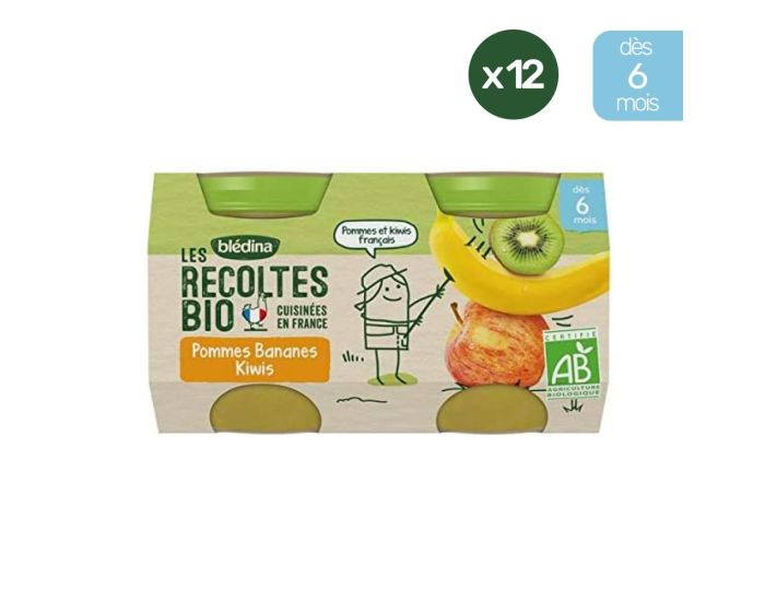 BLEDINA Les R�coltes Bio - 24 Petits Pots - Pommes, Bananes, Kiwis 12 x( 2 x 130 g) - D�s 6 Mois